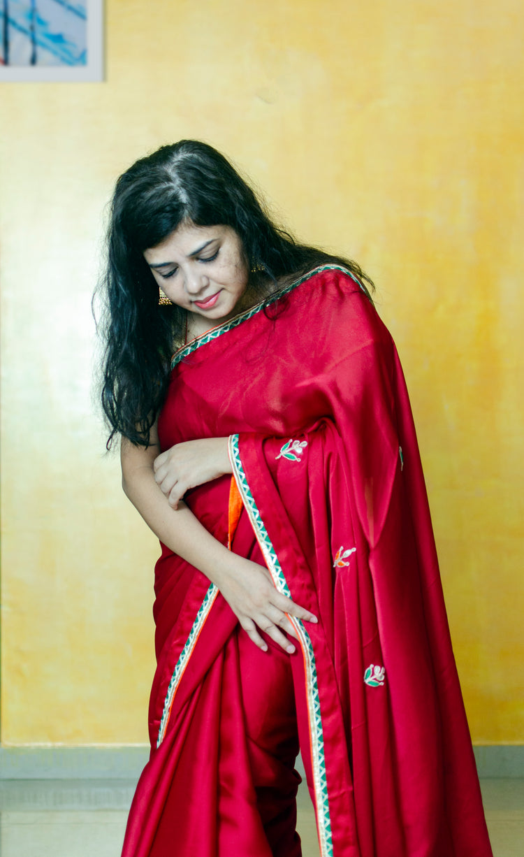 Scarlet Red Satin Georgette Saree with Gota Patti Work