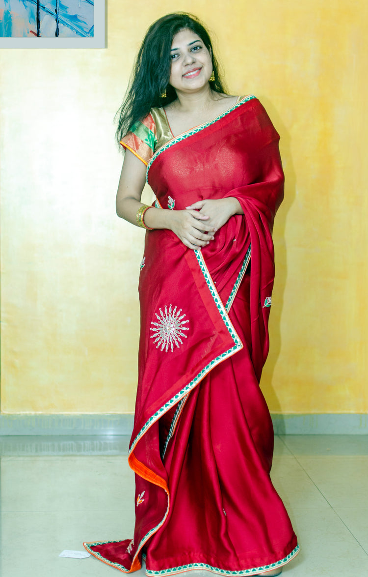 Scarlet Red Satin Georgette Saree with Gota Patti Work