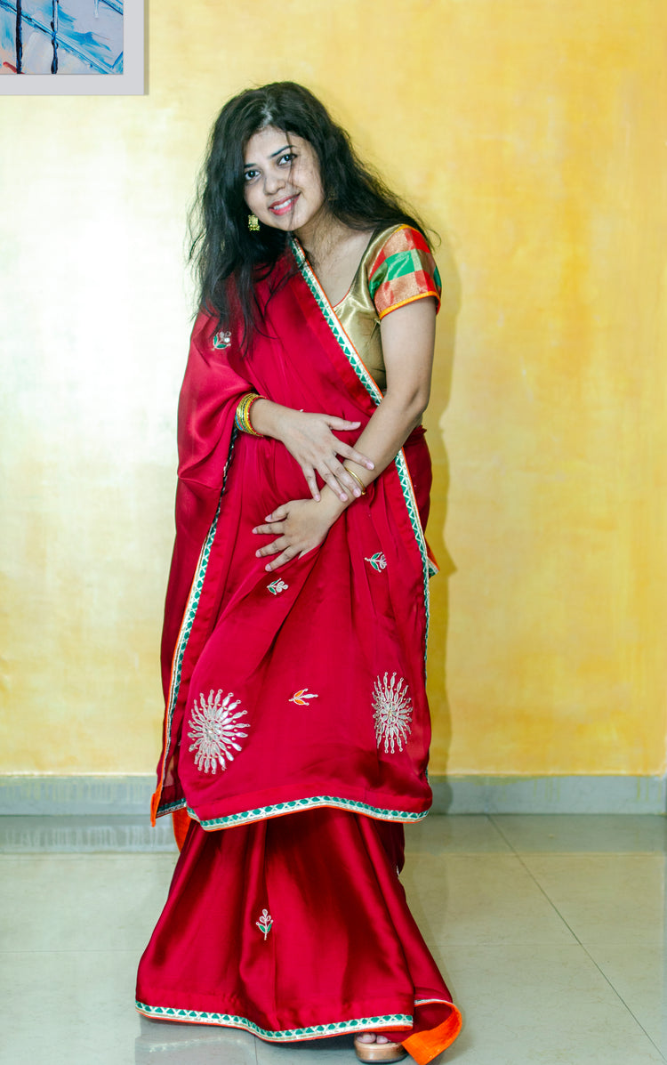 Scarlet Red Satin Georgette Saree with Gota Patti Work