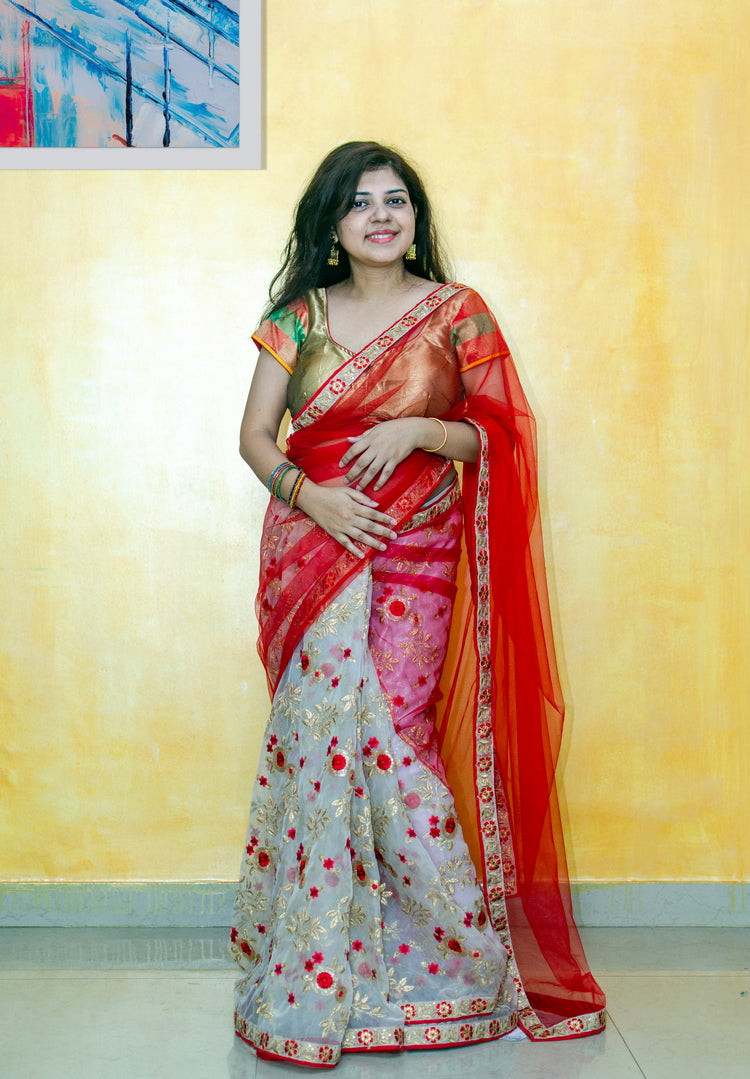 Half and half embroidery organza and net sari