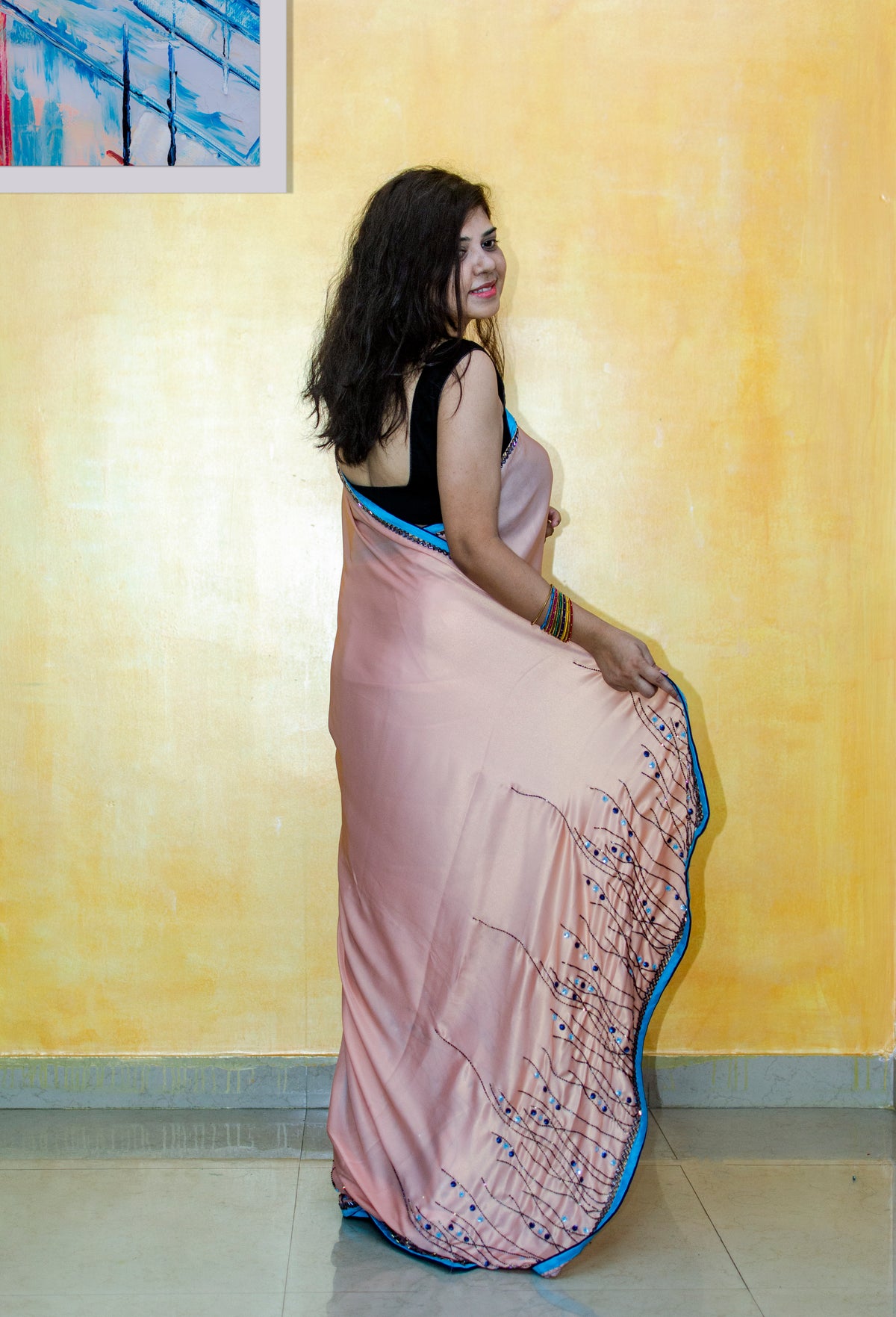 Hand Embroidered Peach Shimmer Sari — view 3