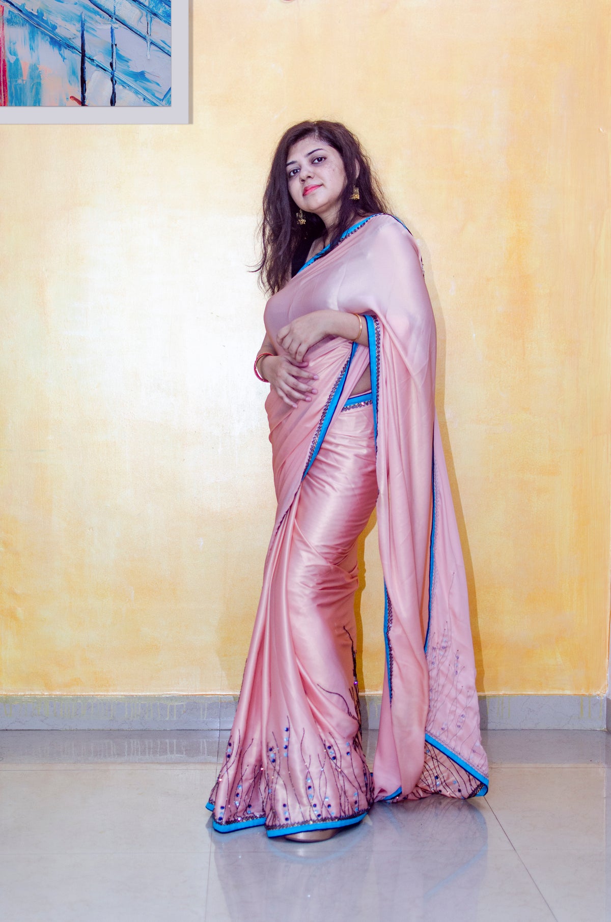 Hand Embroidered Peach Shimmer Sari — view 2