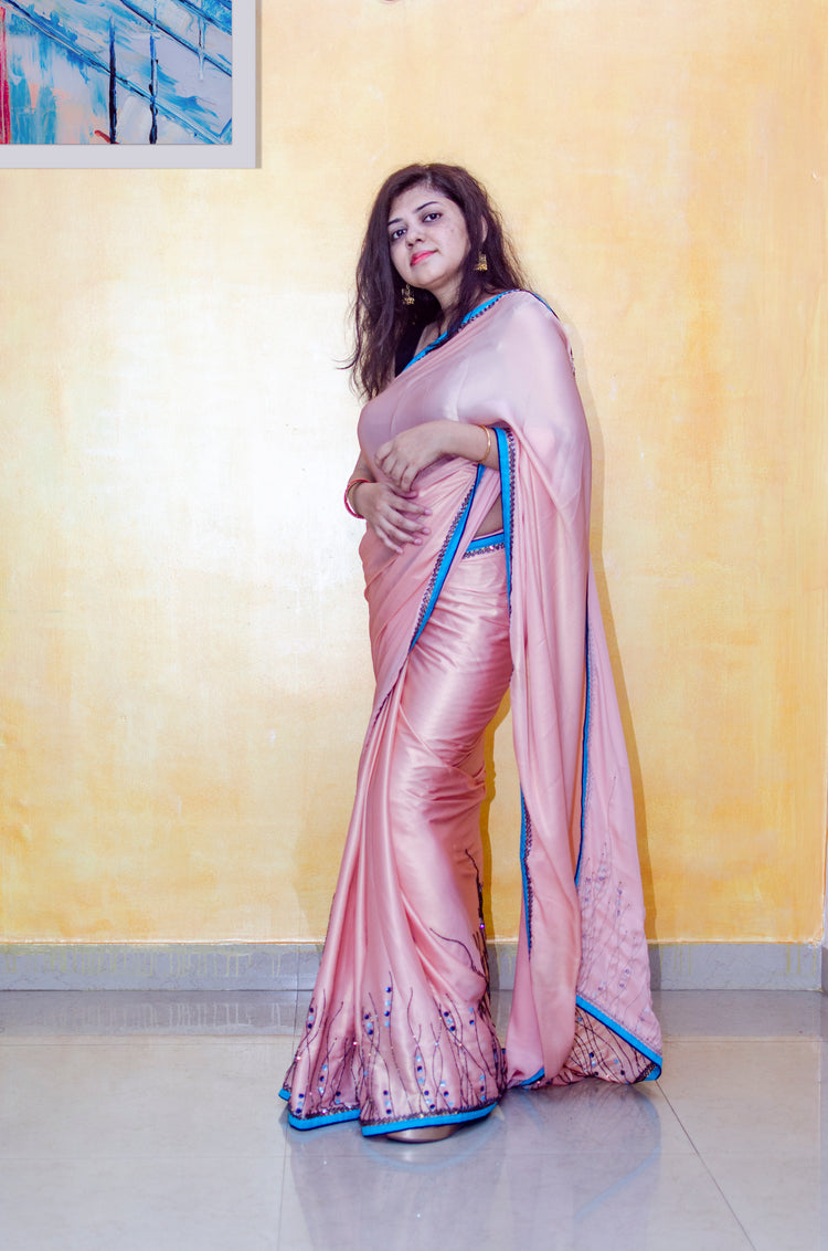 Hand Embroidered Peach Shimmer Sari