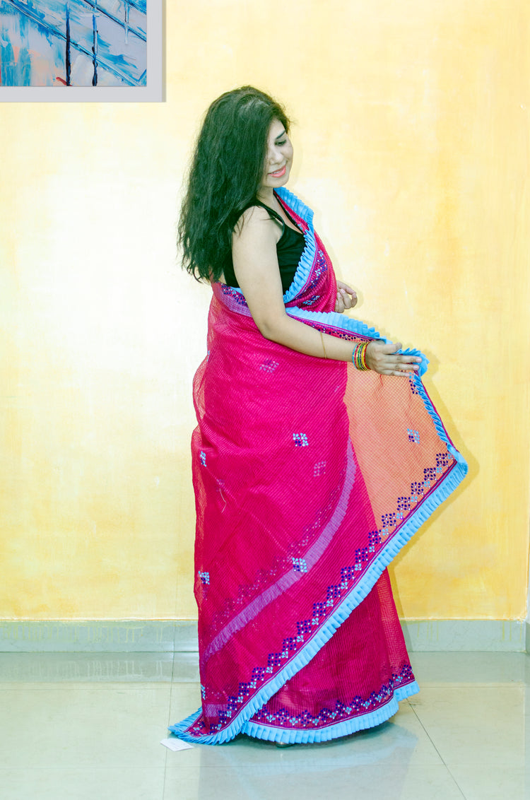 Embroidery on Pink Cotton Silk Sari with Frill