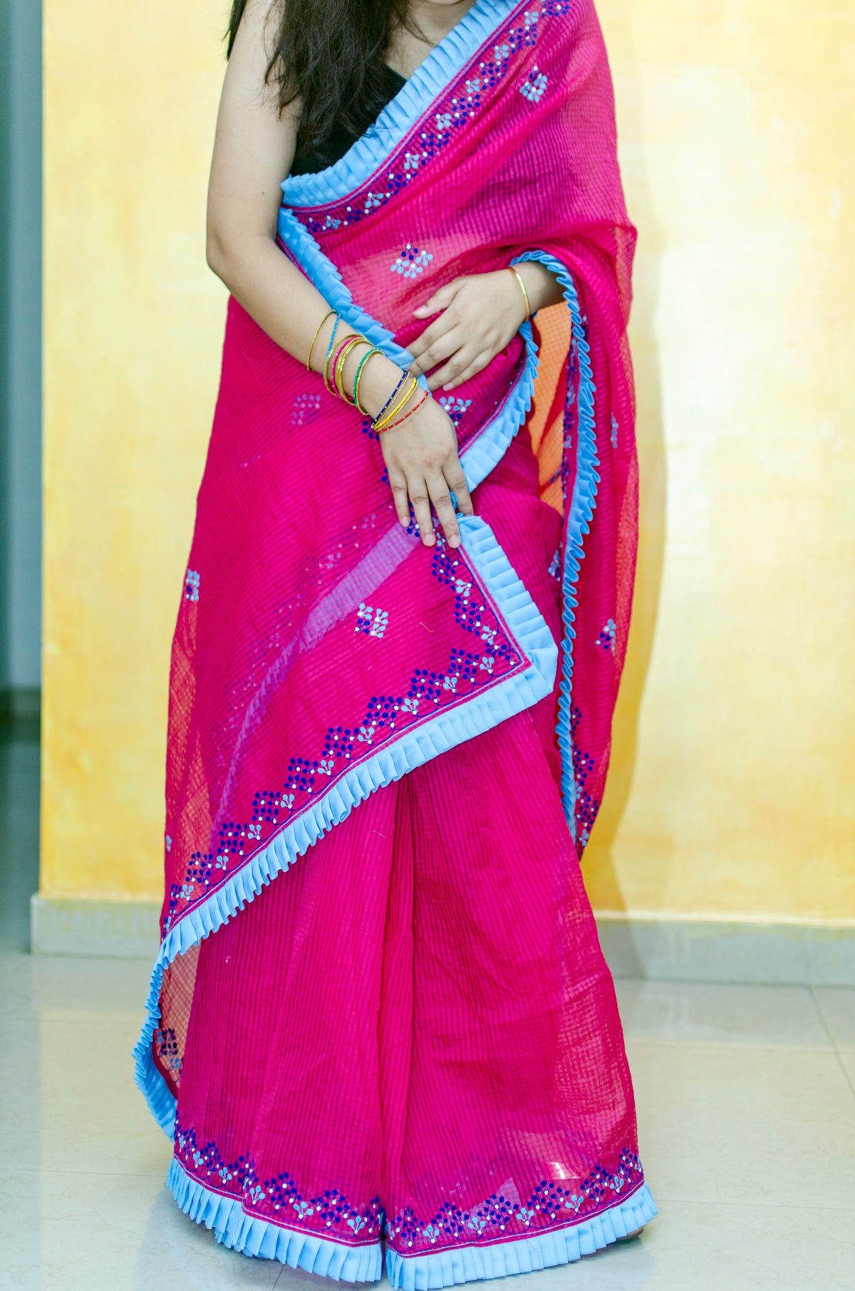 Embroidery on Pink Cotton Silk Sari with Frill — view 3