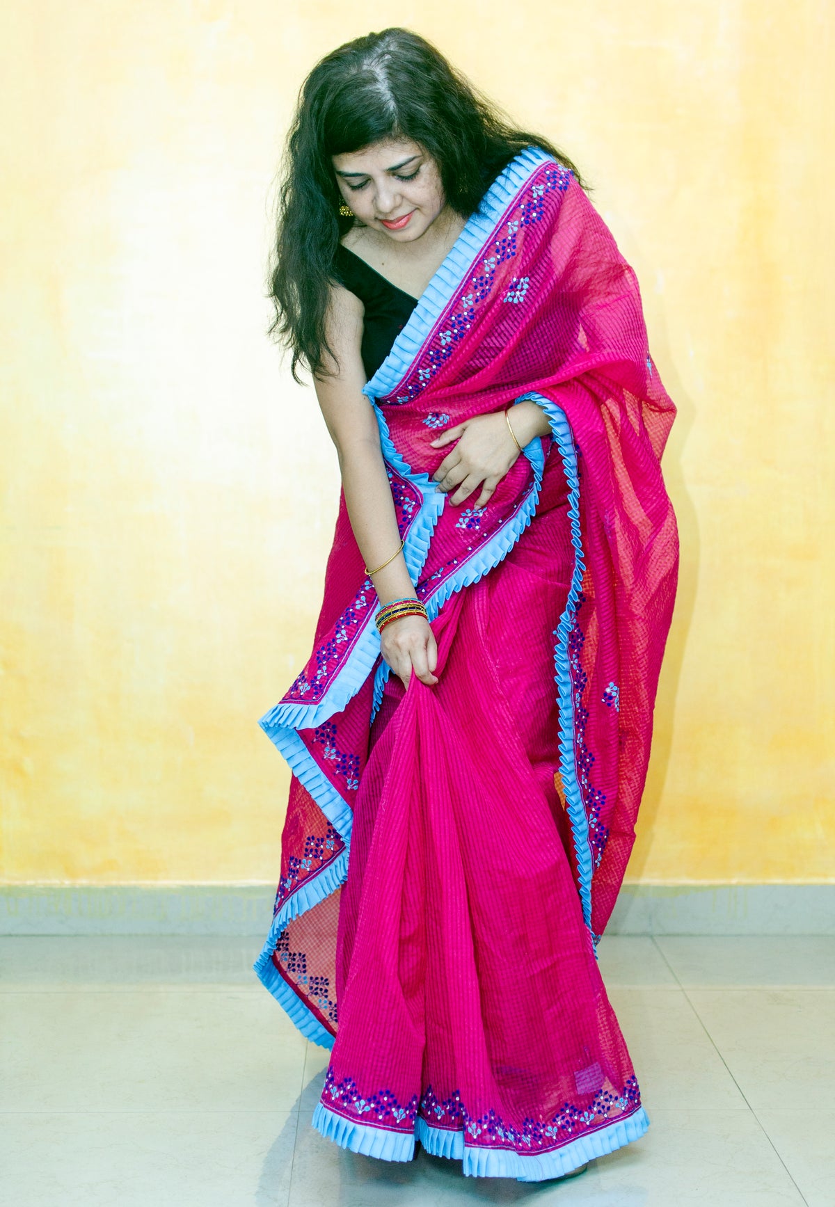 Embroidery on Pink Cotton Silk Sari with Frill — view 2