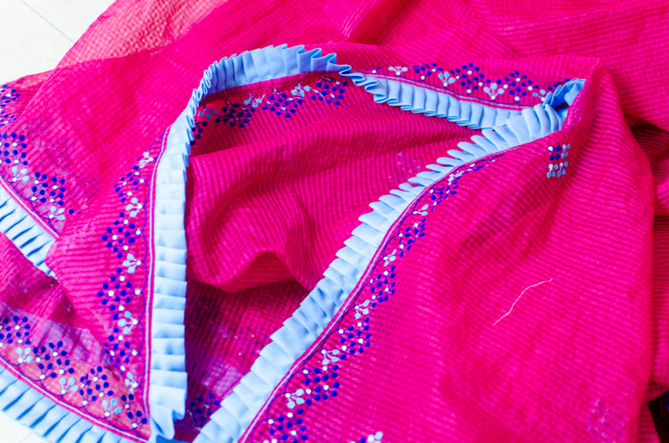 Embroidery on Pink Cotton Silk Sari with Frill