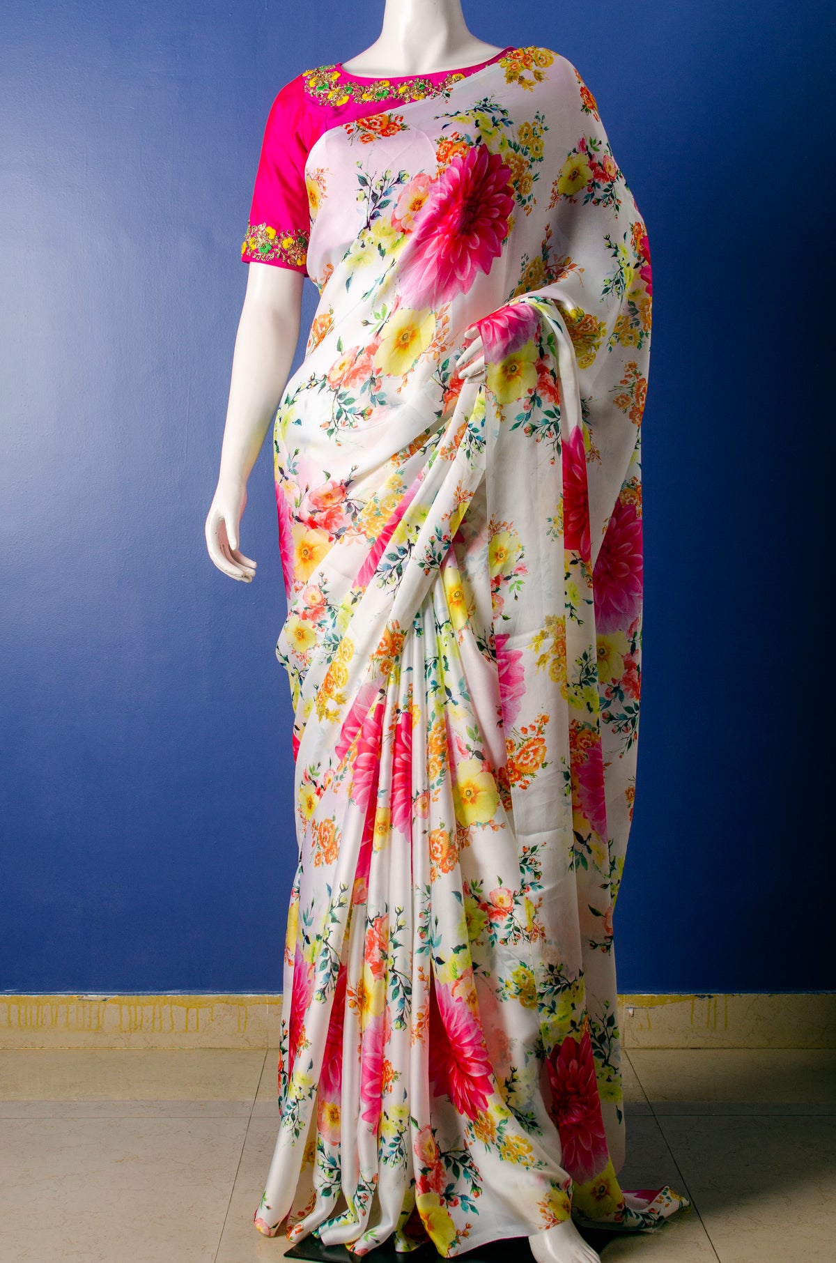Beautiful Floral Print Satin Georgette Sari