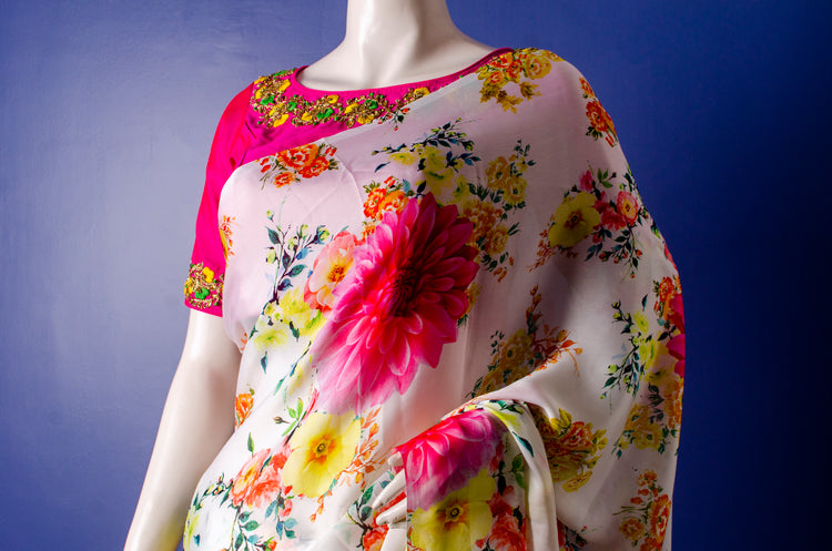 Beautiful Floral Print Satin Georgette Sari
