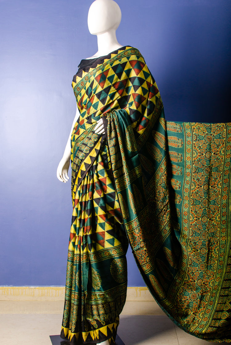 AJRAK HANDBLOCK PRINTED MODAL SILK SARI