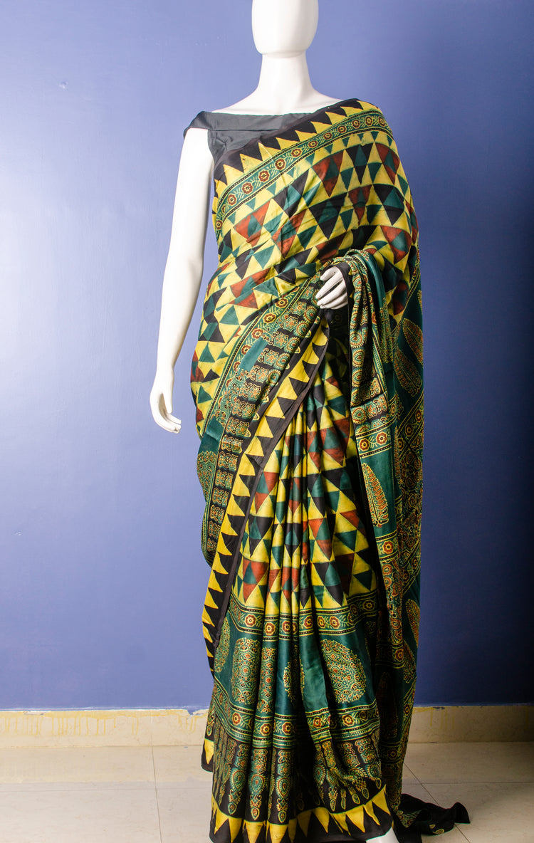 AJRAK HANDBLOCK PRINTED MODAL SILK SARI