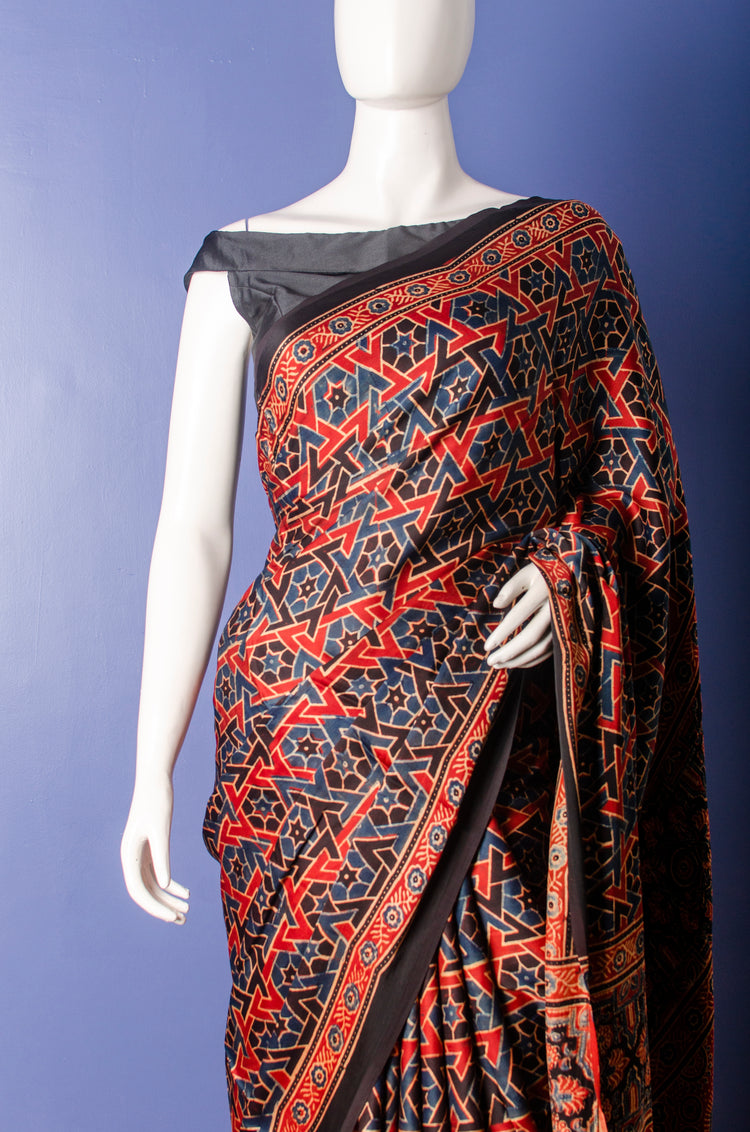 MAROON AJRAK BLOCK PRINTED MODAL SILK SARI