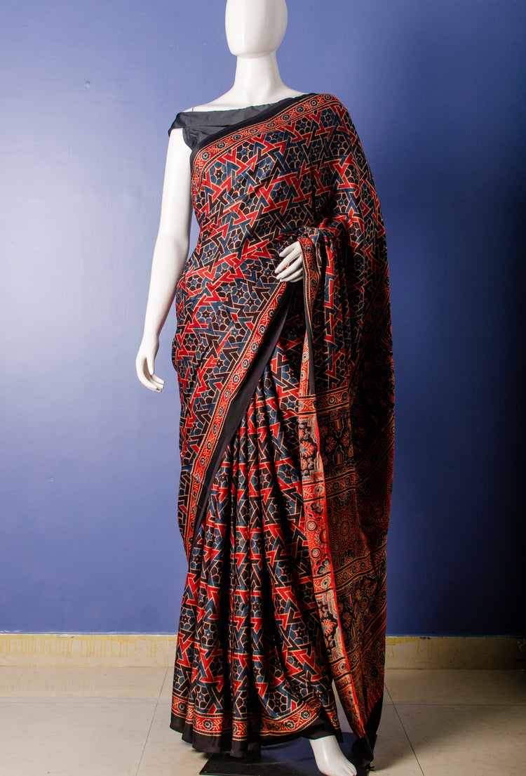 MAROON AJRAK BLOCK PRINTED MODAL SILK SARI