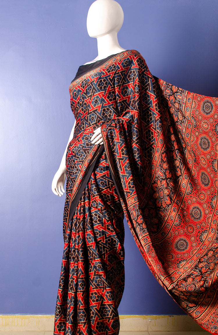 MAROON AJRAK BLOCK PRINTED MODAL SILK SARI