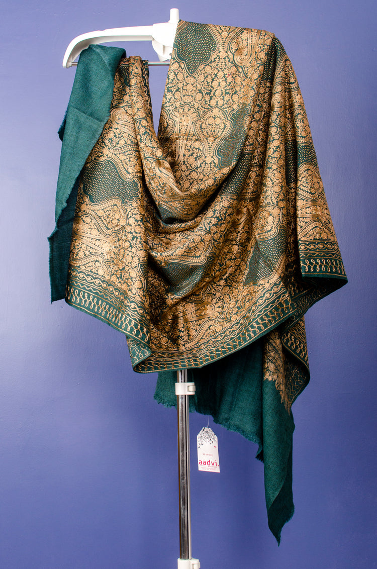 LAVISH GREEN WOVEN PASHMINA STOLE WITH SWAROVSKI BEADS EMBROIDERY