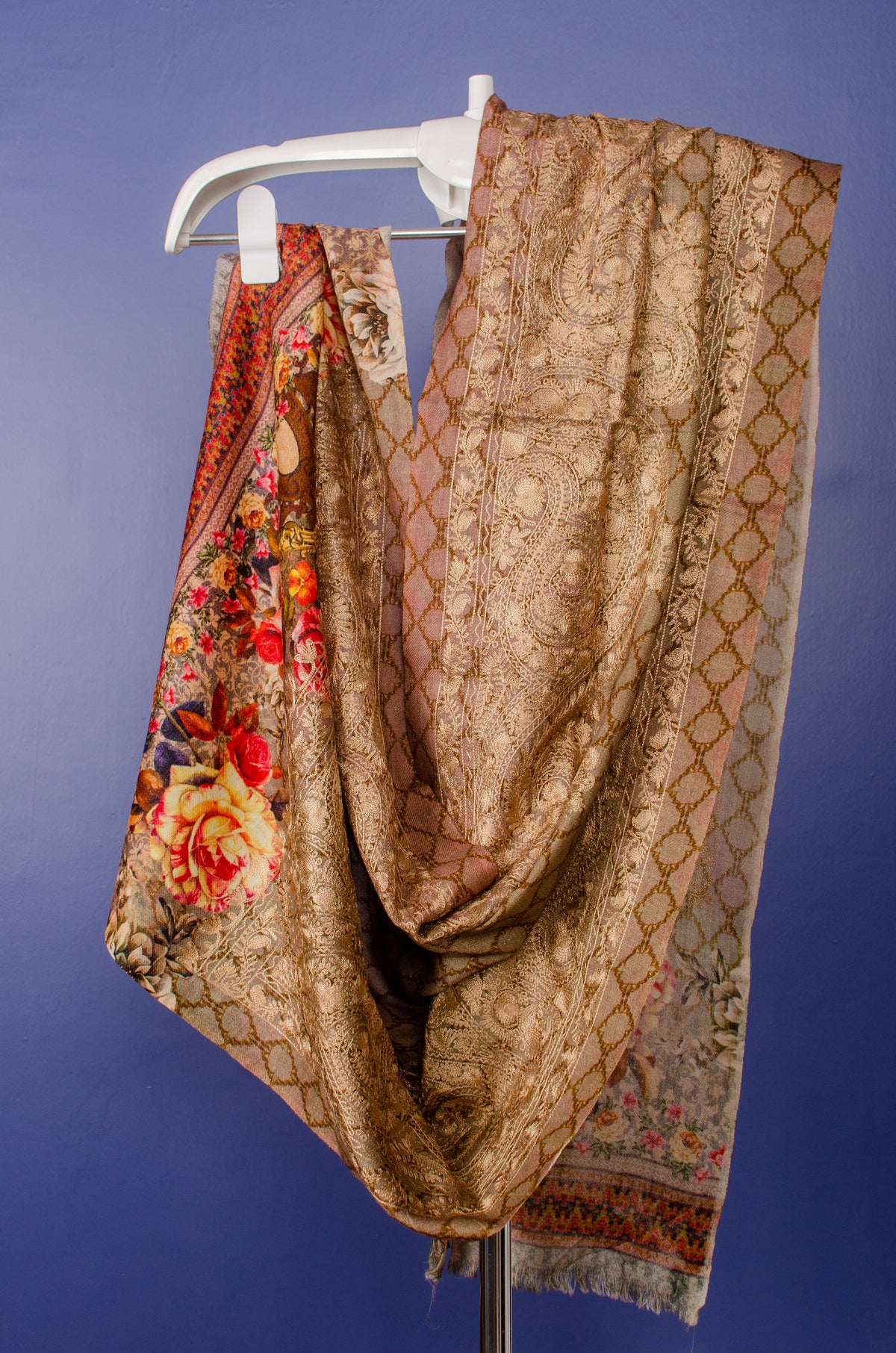 Golden Beige Woven Pashmina Stole with Floral Digital Print and Embroidered. — view 2