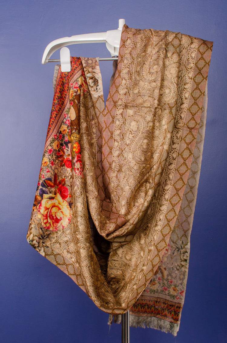 Golden Beige Woven Pashmina Stole with Floral Digital Print and Embroidered.