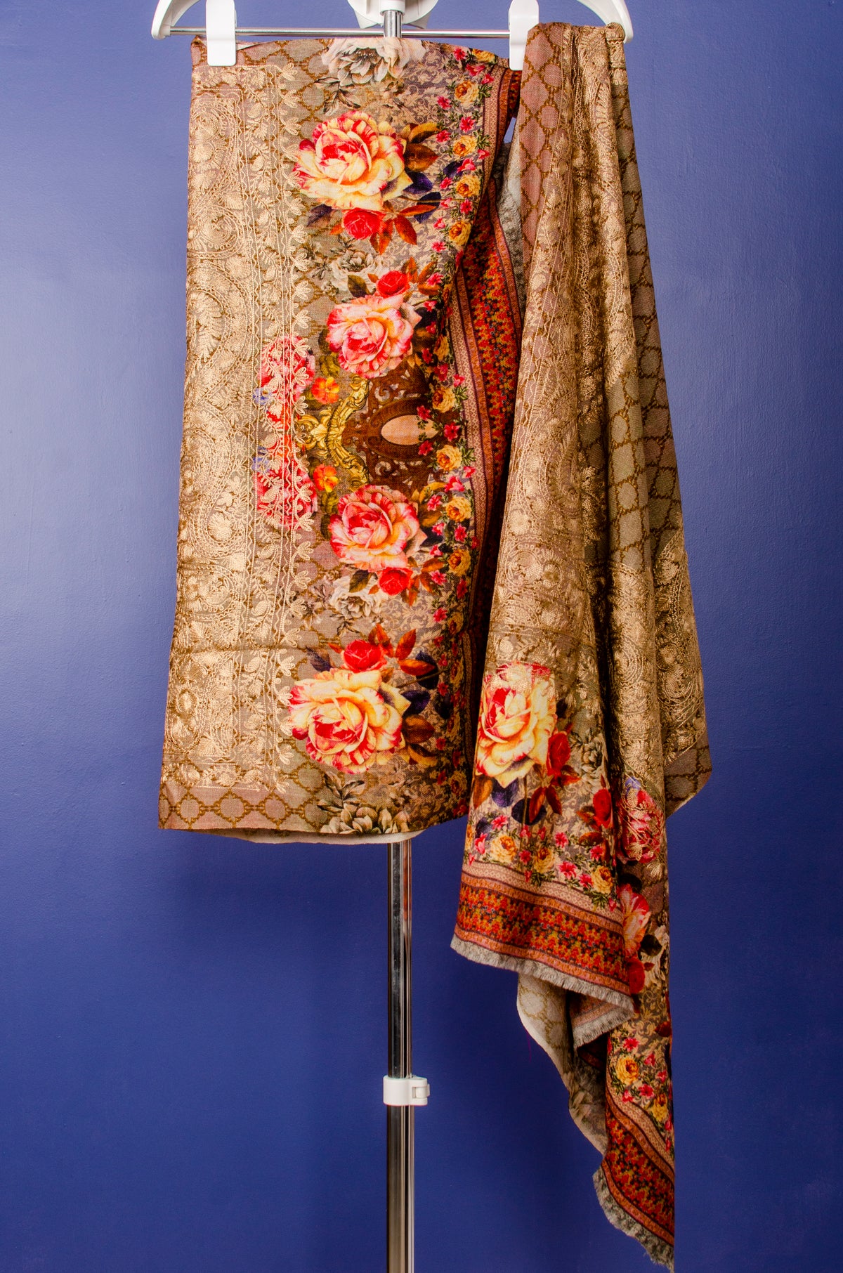 Golden Beige Woven Pashmina Stole with Floral Digital Print and Embroidered. — view 3