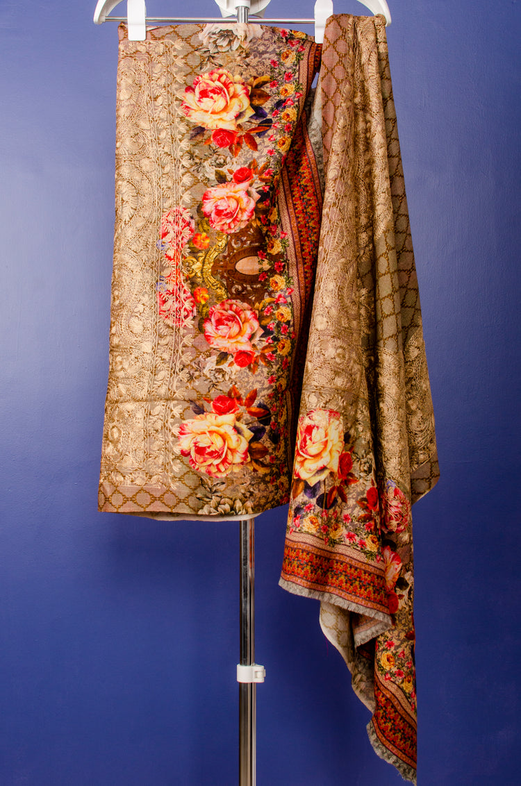 Golden Beige Woven Pashmina Stole with Floral Digital Print and Embroidered.