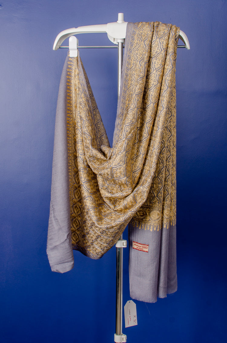 GREY WOVEN PASHMINA STOLE WITH ALL OVER BEAUTIFUL THREAD EMBROIDERY