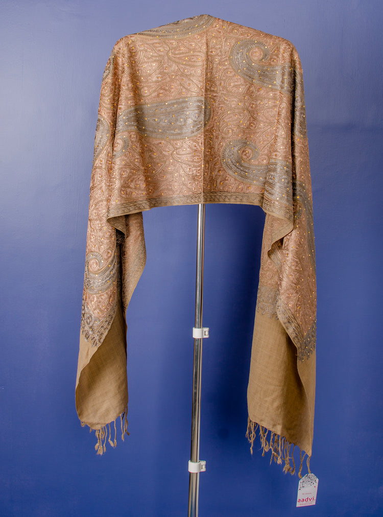GOLDEN BEIGE WOVEN PASHMINA STOLE WITH BEAUTIFUL THREAD EMBROIDERY AND STONE PASTING