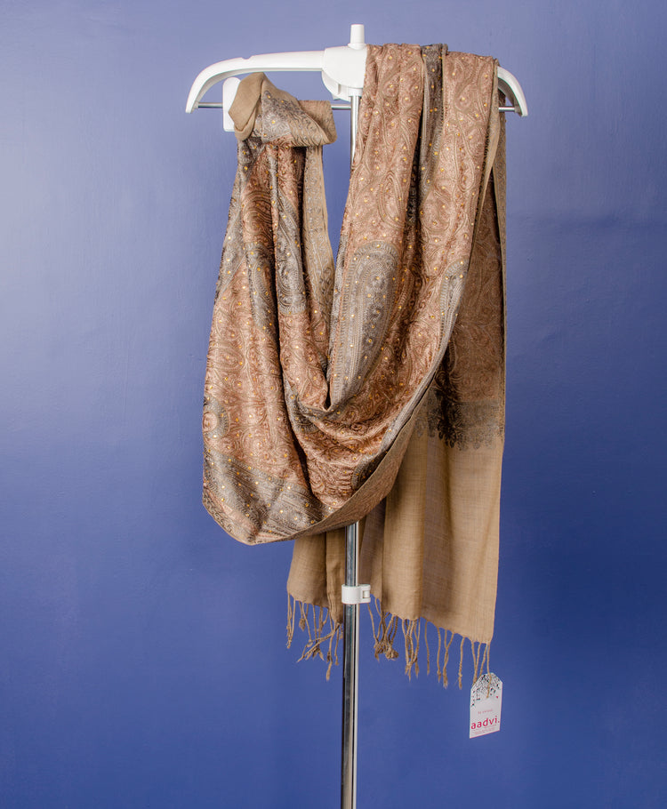 GOLDEN BEIGE WOVEN PASHMINA STOLE WITH BEAUTIFUL THREAD EMBROIDERY AND STONE PASTING