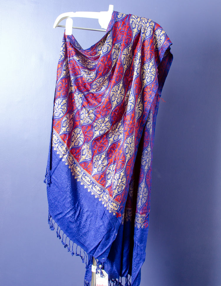 BEAUTIFUL BLUE STOLE WITH PINK AND GOLDEN THREAD EMBROIDERED