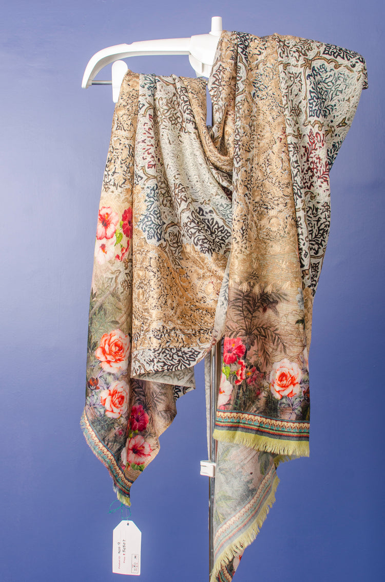 PURE PASHMINA STOLE WITH DIGITAL PRINT AND GOLDEN THREAD EMBROIDERY