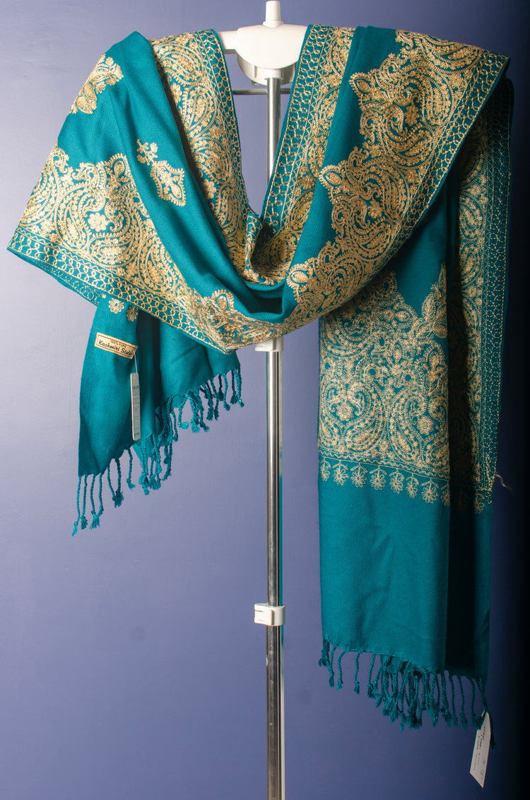 RAMA GREEN WOVEN STOLE WITH GOLDEN THREAD EMBROIDERY