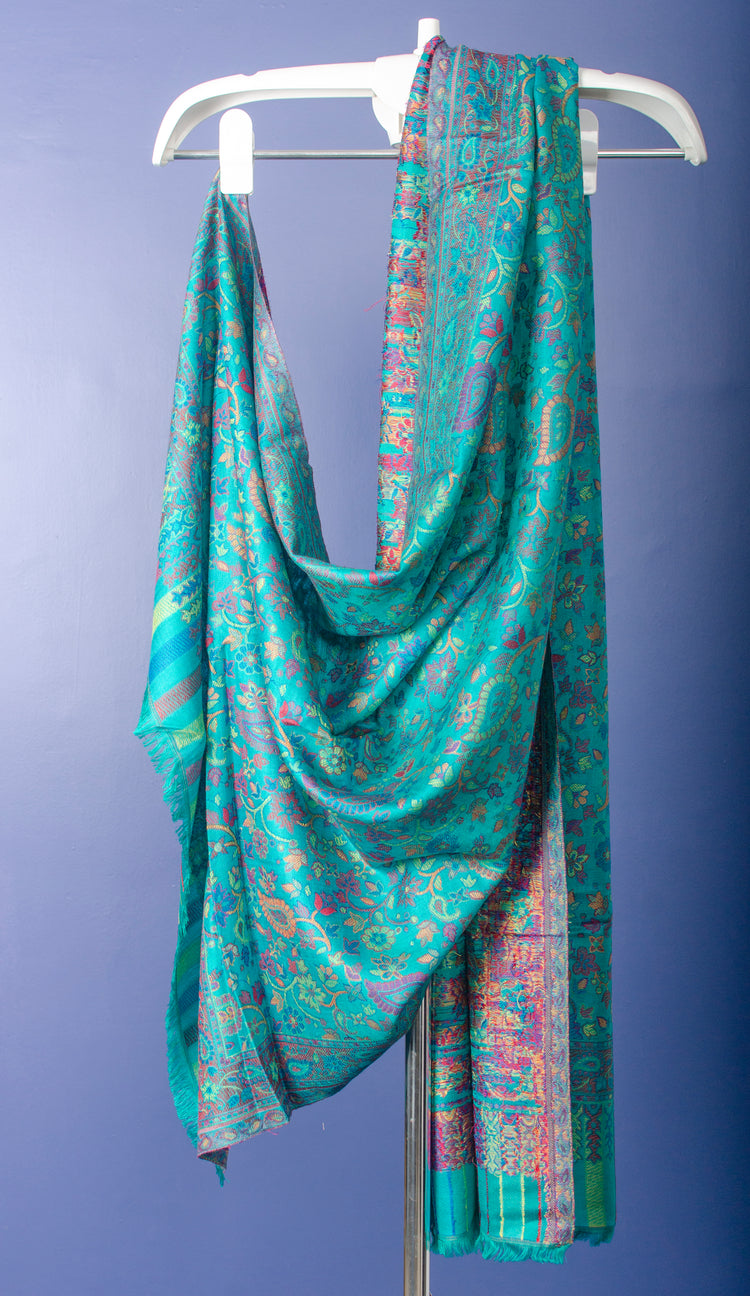 DARK TURQUOISE COLOUR PASHMINA WOVEN KANI STOLE