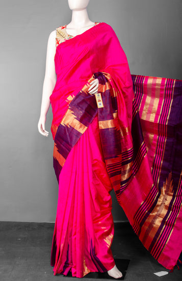 Handwoven Fuscia Pure Raw Silk with Red and Golden Border