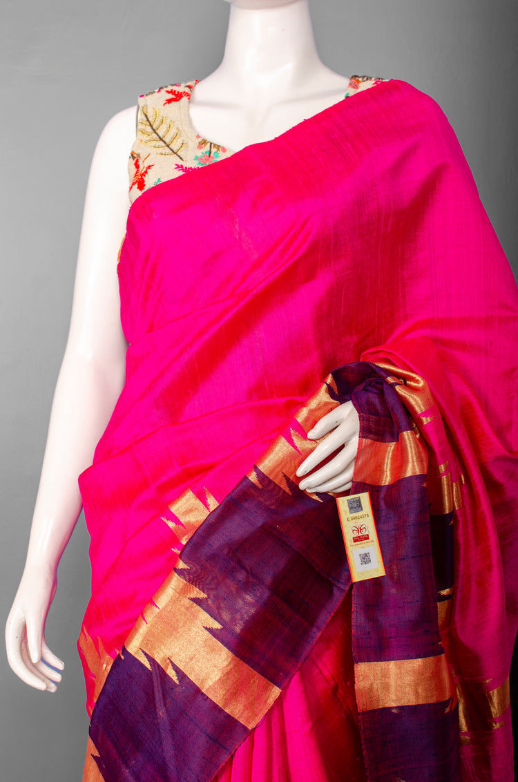 Handwoven Fuscia Pure Raw Silk with Red and Golden Border