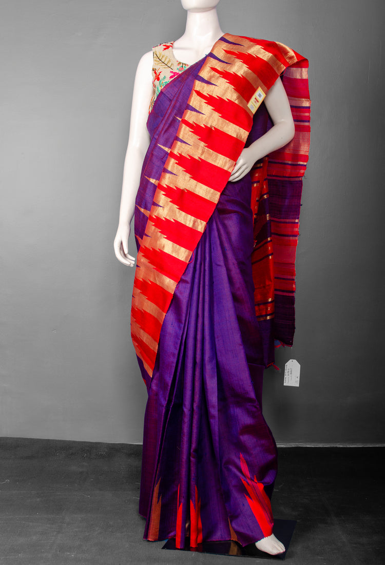 Handwoven Purple Pure Raw Silk with Red and Golden Border