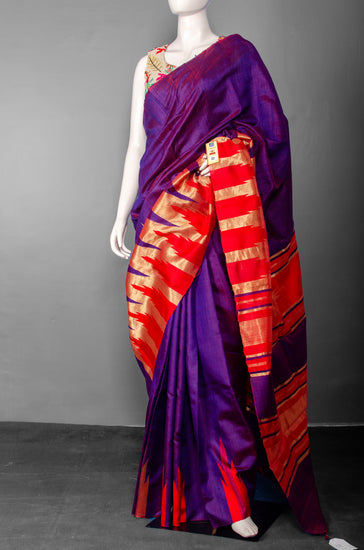 Handwoven Purple Pure Raw Silk with Red and Golden Border