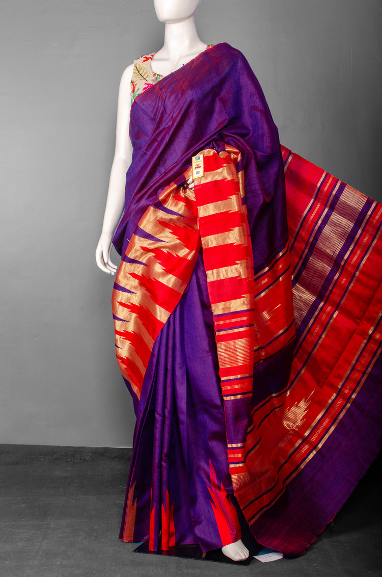 Handwoven Purple Pure Raw Silk with Red and Golden Border