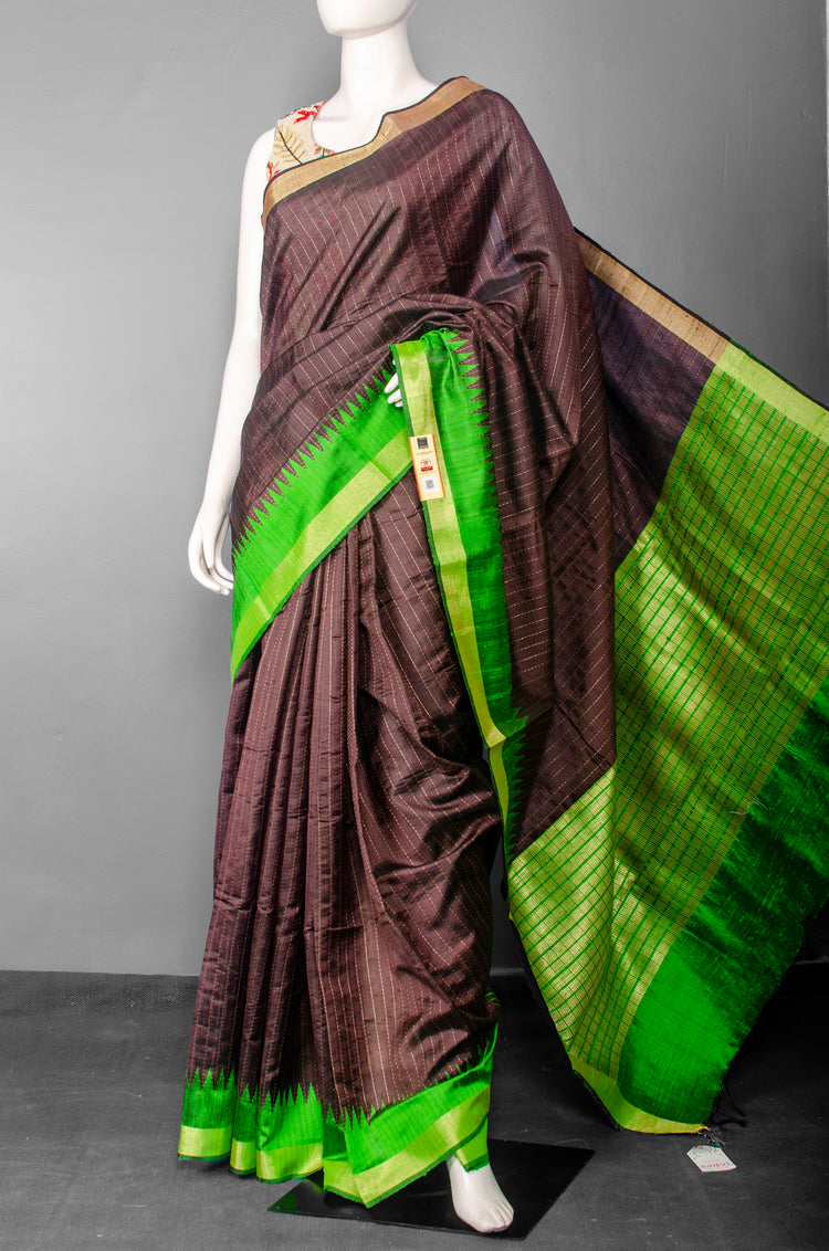 Handwoven Dark Brown Pure Raw Silk with Green Temple Border