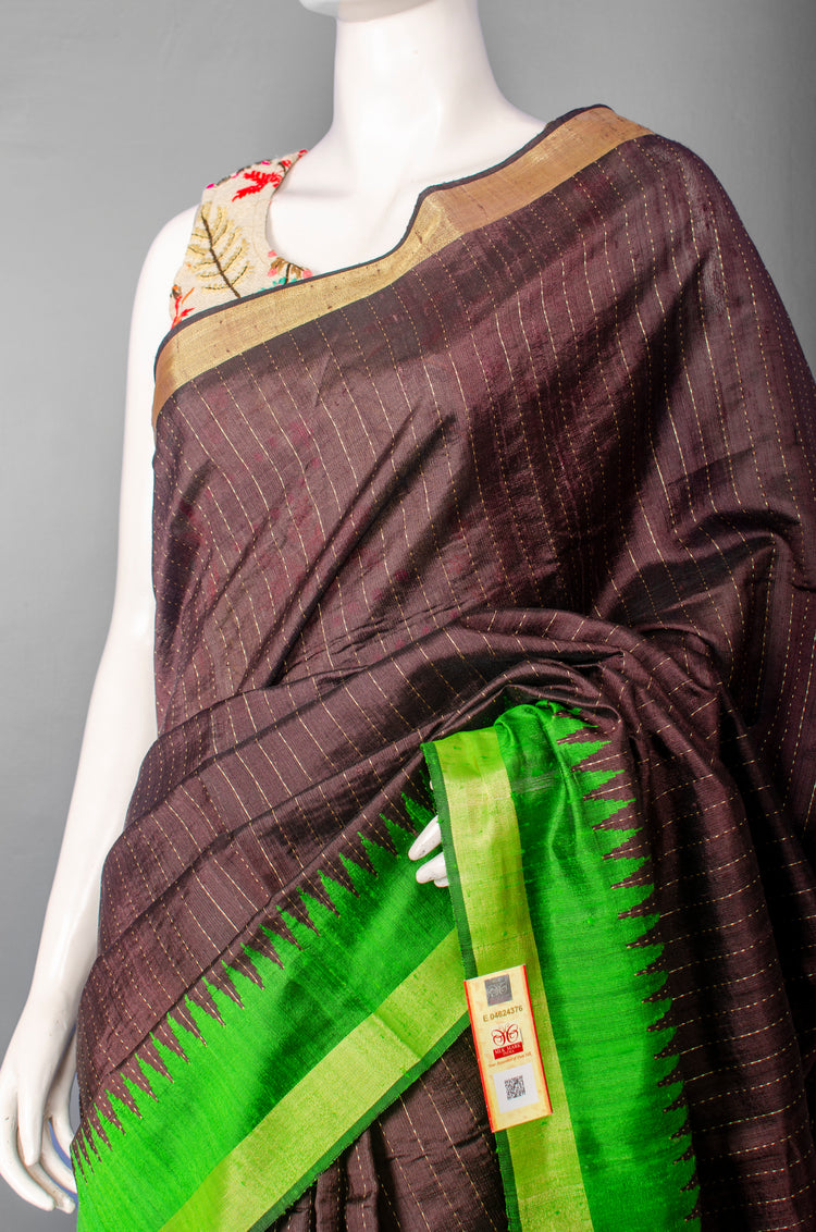Handwoven Dark Brown Pure Raw Silk with Green Temple Border