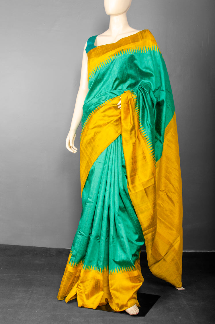 Handwoven Pure Raw Silk with Mustard Temple Border