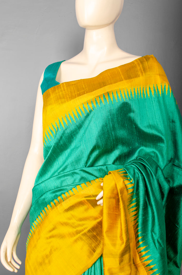 Handwoven Pure Raw Silk with Mustard Temple Border