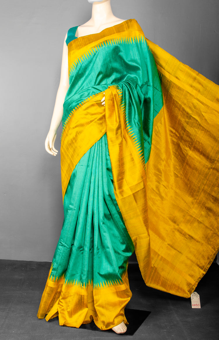 Handwoven Pure Raw Silk with Mustard Temple Border