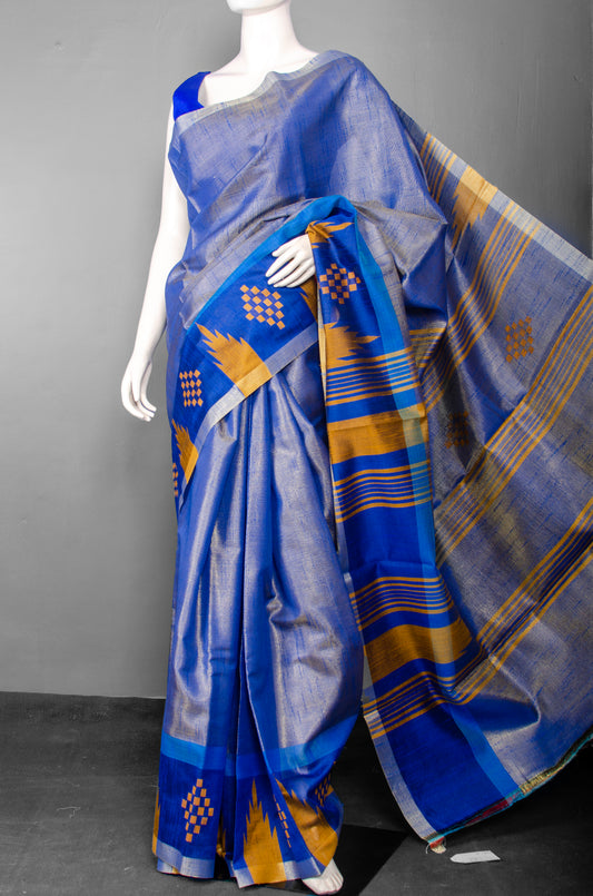Handwoven Azure Pure Tissue Raw Silk with Royal Blue and Mustard Border