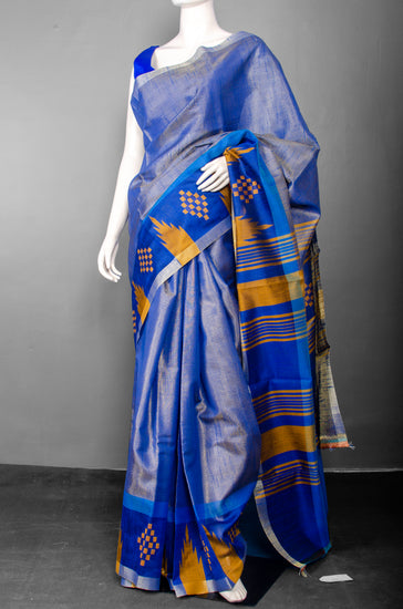 Handwoven Azure Pure Tissue Raw Silk with Royal Blue and Mustard Border