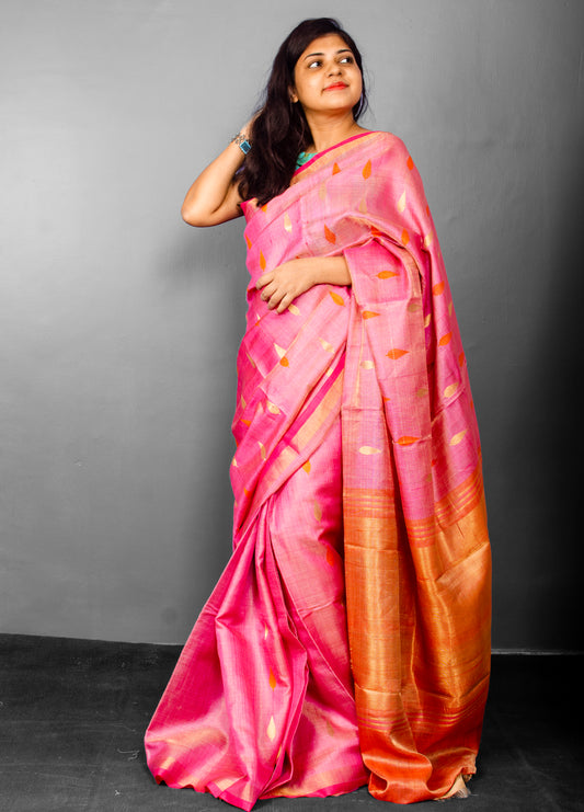 Peach Pure Woven Tissue Tussar Silk Sari With Beautiful Motifs and Orange Rich Pallu