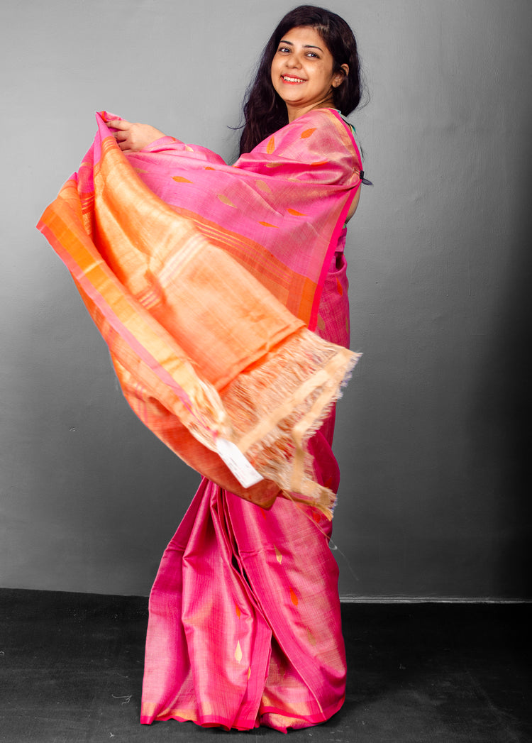 Peach Pure Woven Tissue Tussar Silk Sari With Beautiful Motifs and Orange Rich Pallu