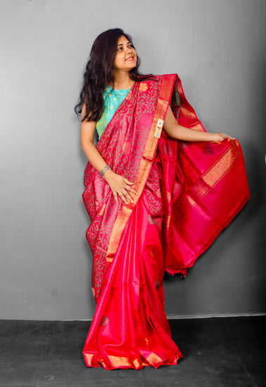 Half and Half Handwoven Cerise Tussar Silk Sari.  Half of the Sari weaved floral pattern and half of the only flower motifs.