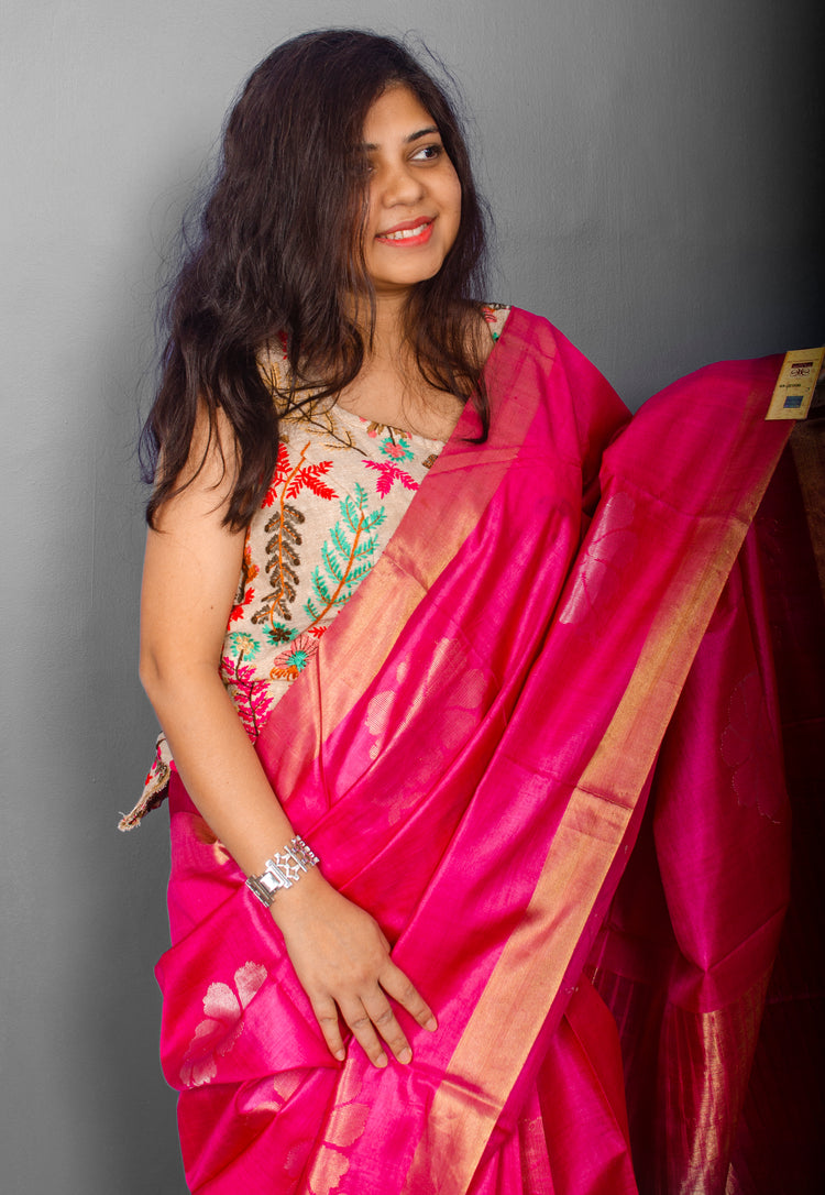 Handwoven Pink Tussar Silk Sari With Beautiful Flower and Rich Striped Pallu