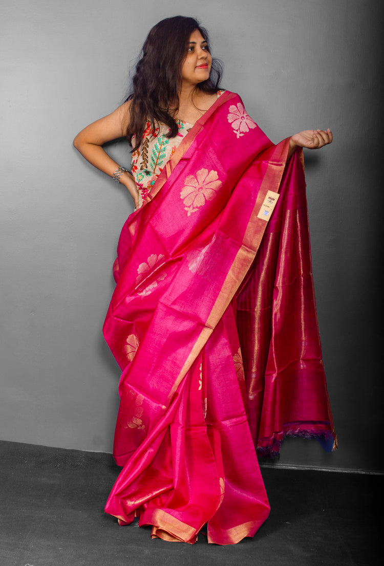 Handwoven Pink Tussar Silk Sari With Beautiful Flower and Rich Striped Pallu