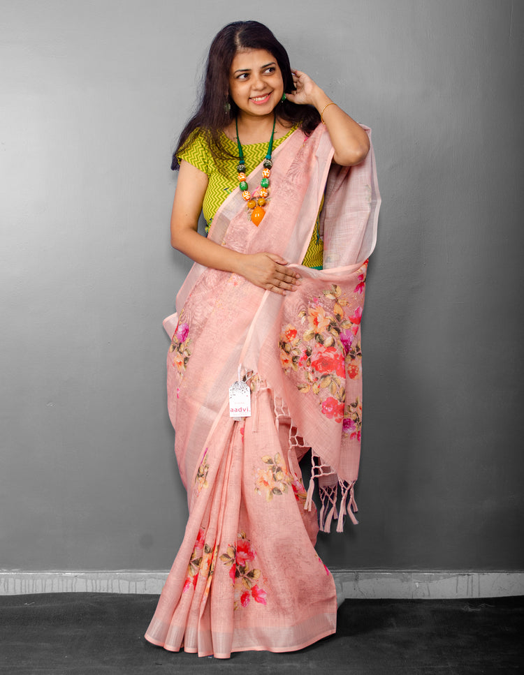 Linen Digital Floral Print Sari in Pastel Hue of Red