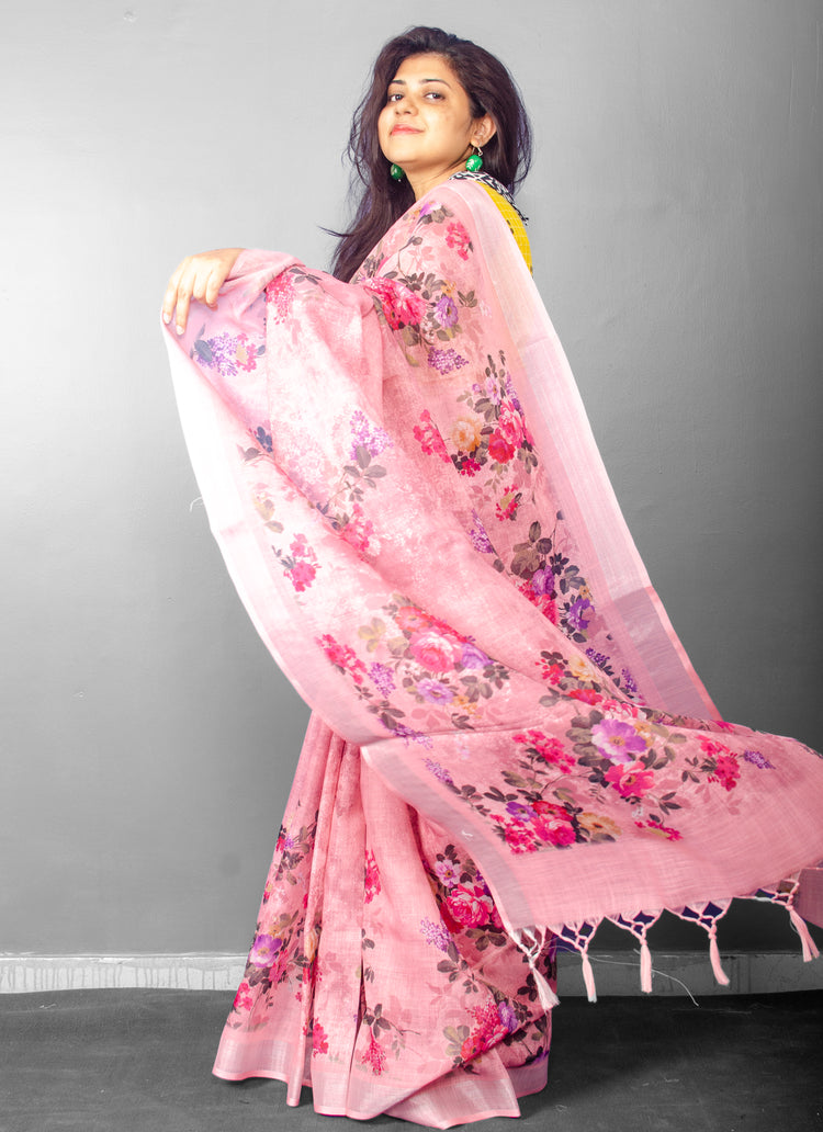 Linen Digital Floral Print Sari in Pastel Hue of Pink