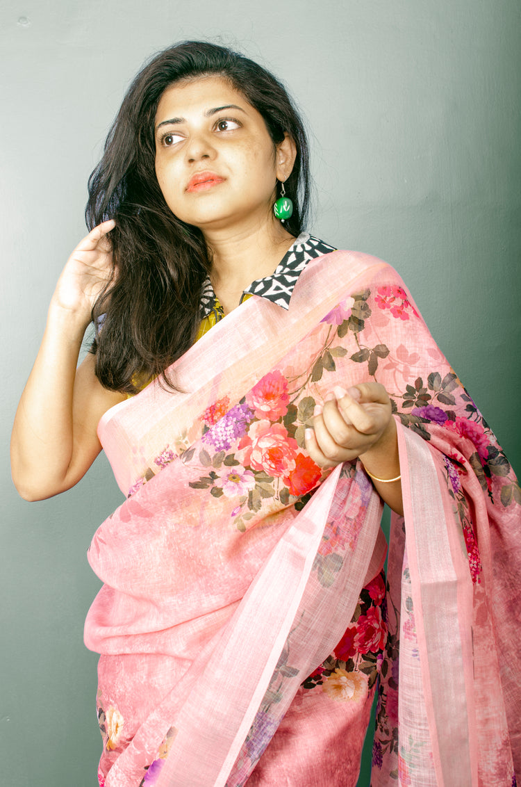 Linen Digital Floral Print Sari in Pastel Hue of Pink